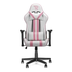 Sedia gaming Ranqer Felix bianca e rosa, vista frontale con cuscini cervicale e lombare e strisce rosa