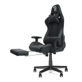 Sedia gaming Ranqer Felix Pro nera vista di tre quarti con il poggiapiedi retrattile estratto