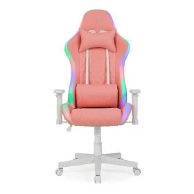 Sedia gaming Ranqer Halo RGB rosa con bordi LED accesi e base bianca, vista frontale con cuscini
