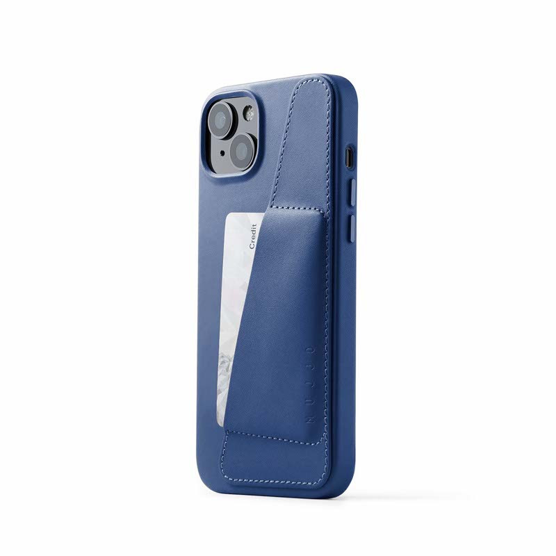 Mujjo - Cover a portafoglio in pelle per iPhone 14 / 15 Plus - Blu
