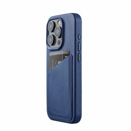 Mujjo - Cover a portafoglio in pelle per iPhone 15 Pro - Blu