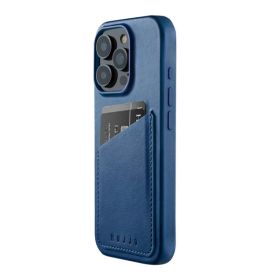 Mujjo - Cover a portafoglio in pelle per iPhone 16 Pro - Blu